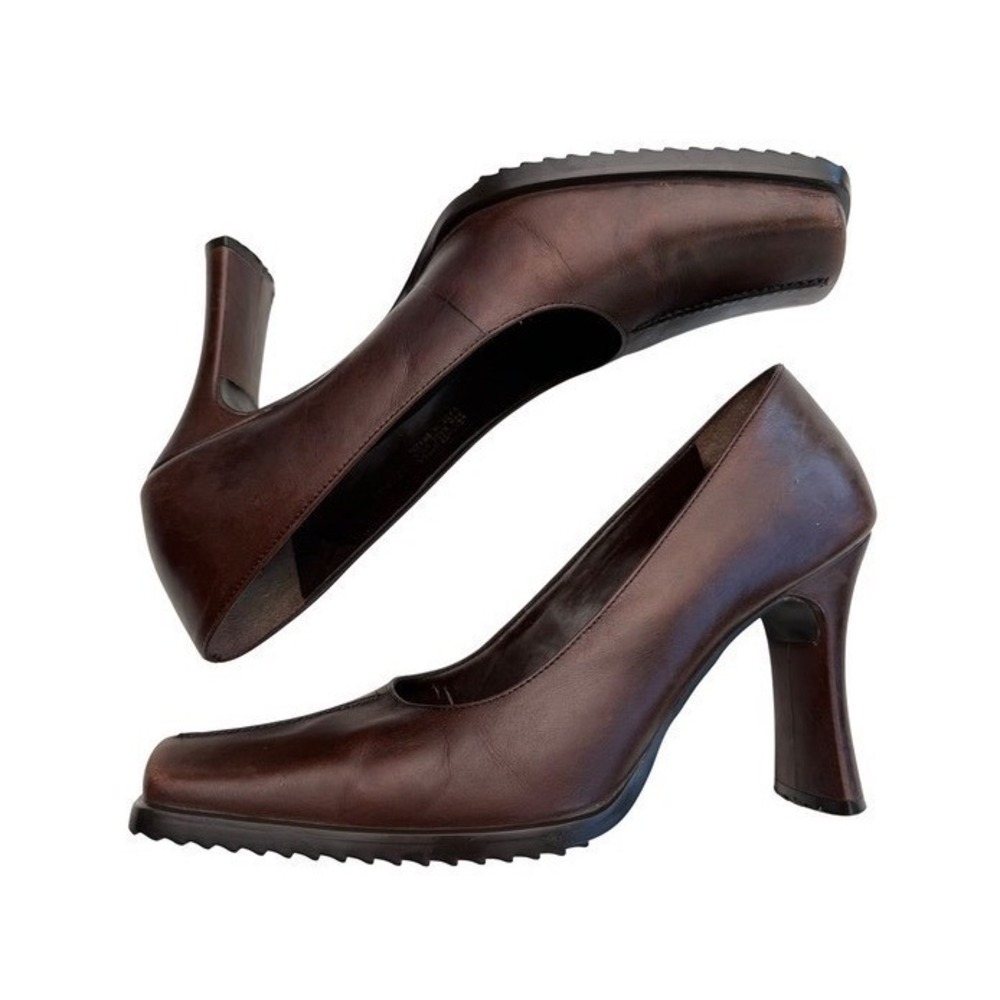 Aldo Brown Leather Square Toe Pumps Flared Block Heel 90s Office Siren Size 37